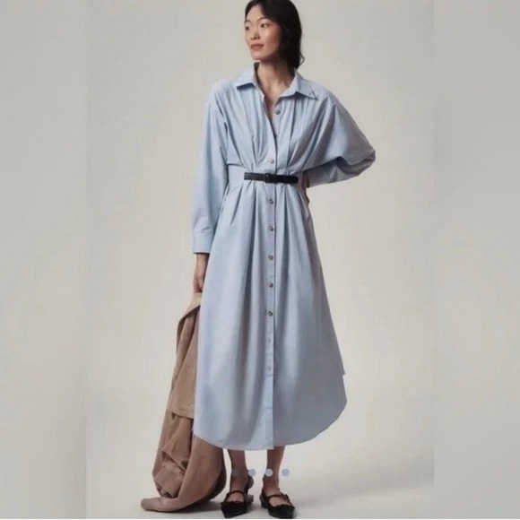 Anthropologie Dresses & Skirts - By Anthropologie Pleated Buckle Midi Shirt Dress Size 16W Blue